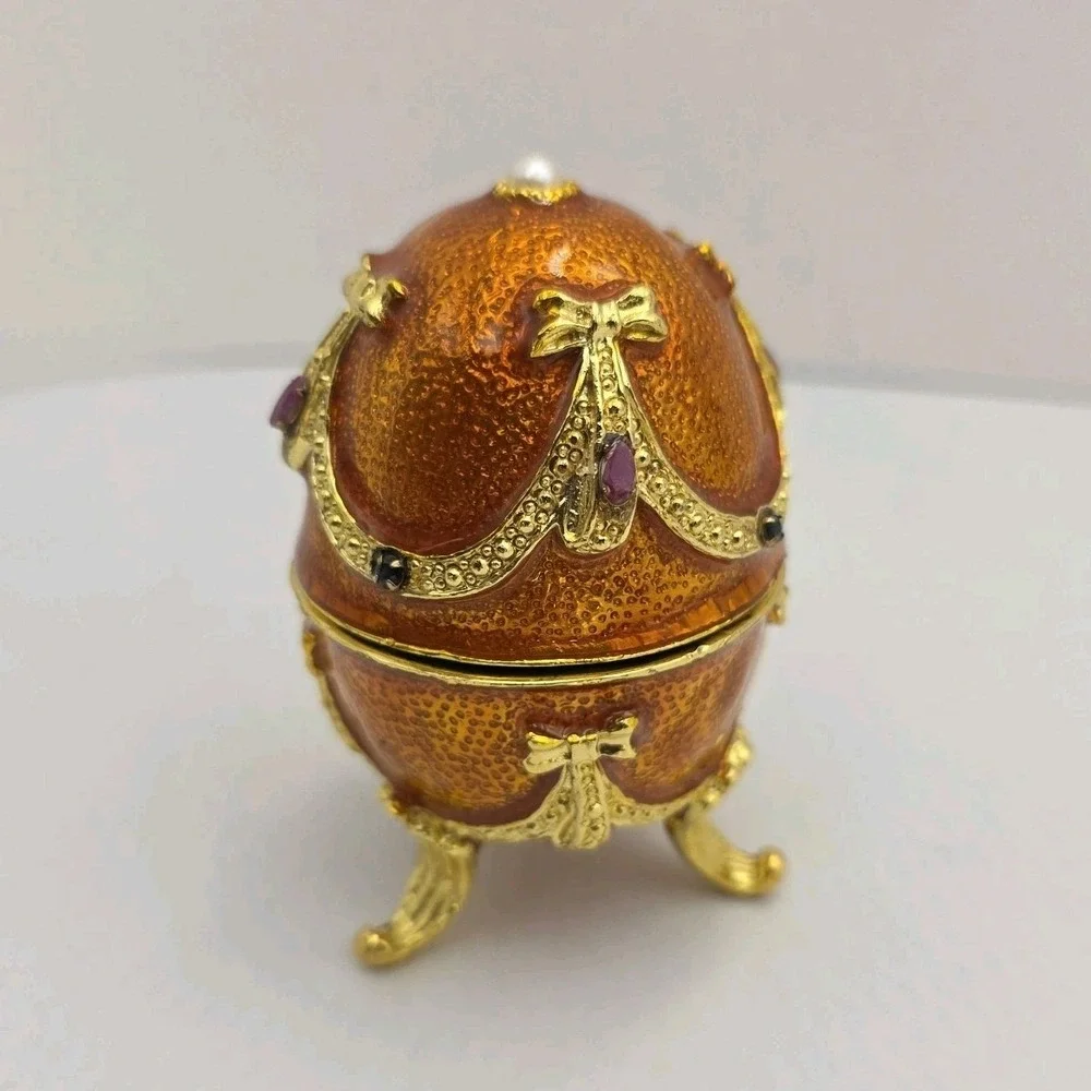 VTG Musical Jeweled Egg‎ Trinket Box Faberge Egg-style Farmer In Dell Gold READ